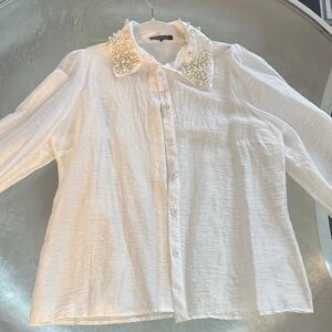 Pearl-Embellished White Button-Down Shirt - Women